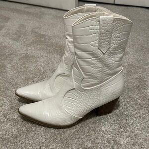 White Croc-Embossed Ankle Boots